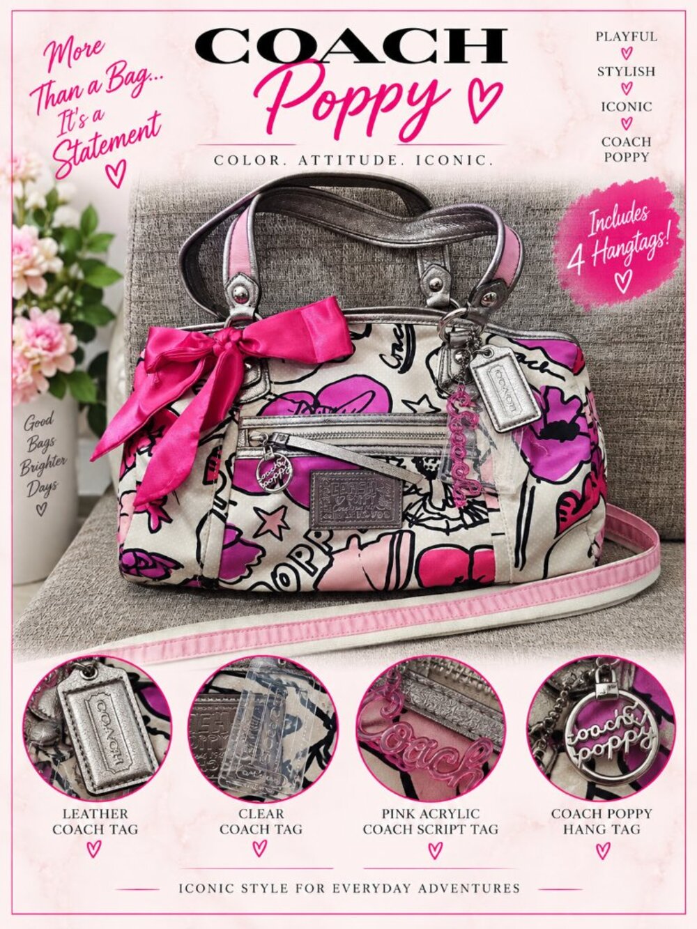 COACH Poppy 16308 Pop C Graffiti Pink Bow Satchel Crossbody Bag- 4 Hangtags! - Picture 1 of 16